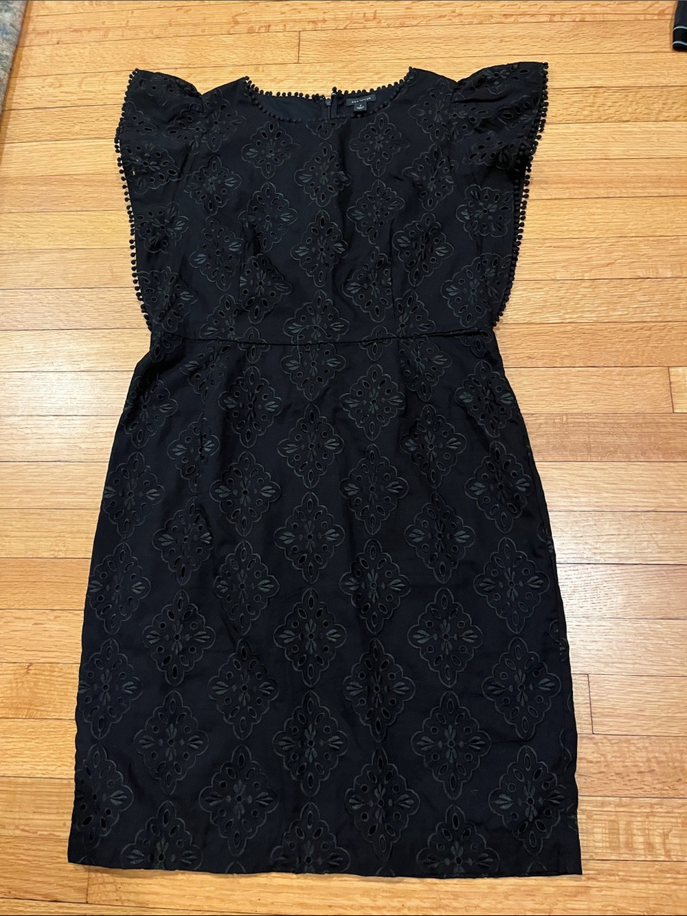 Ann Taylor Black Eyelet Midi Dress with Pom-Pom Trim